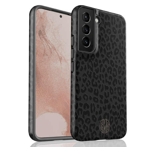 Dark Leopard Round Monogram Galaxy Case - Centered