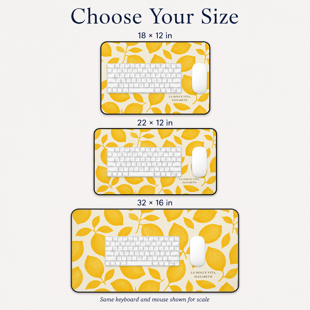 Size comparison for the Amalfi Lemones desk mat: the three sizes shown with the same keyboard and mouse for scale, with their dimensions in inches