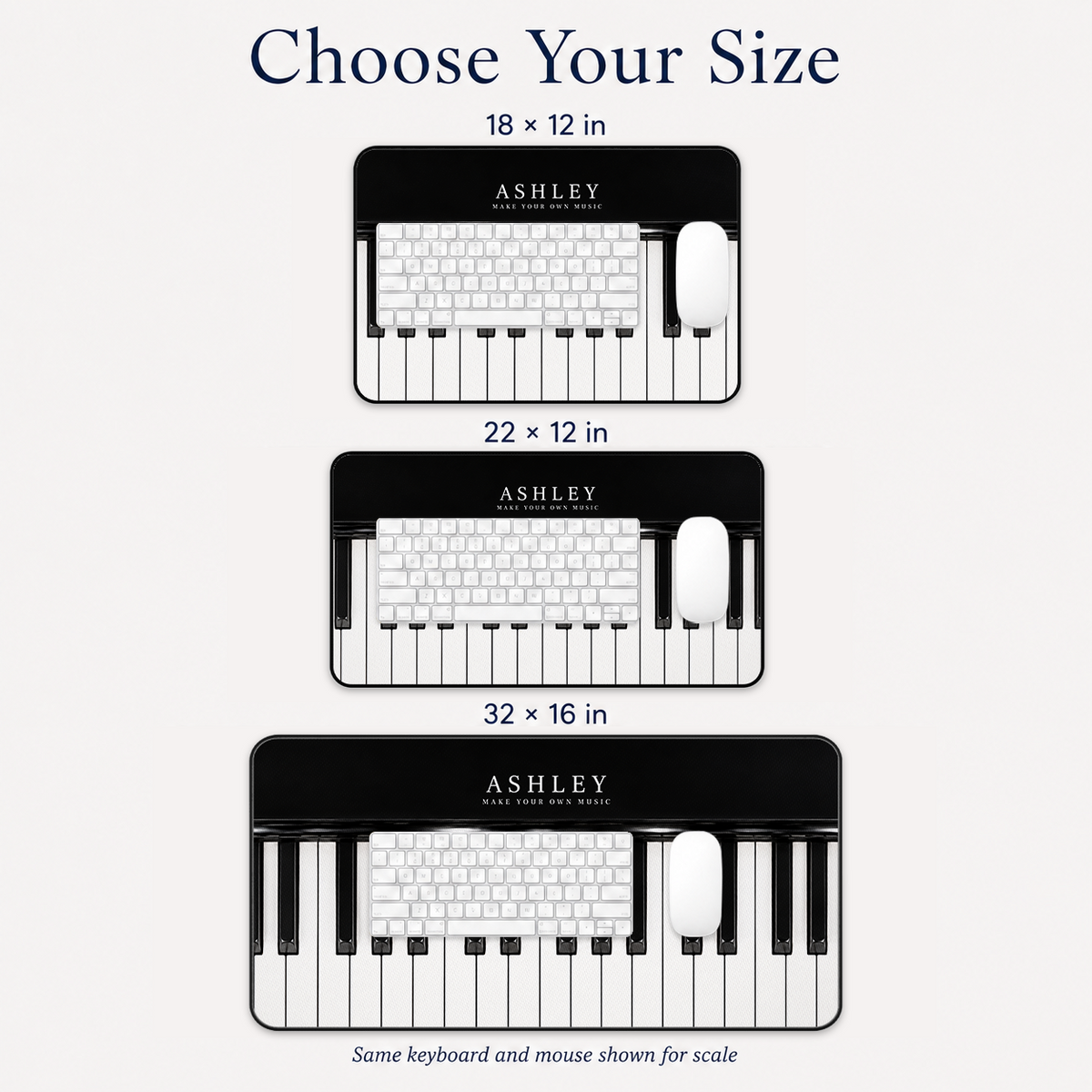 Size comparison for the Piano Keys desk mat: the three sizes shown with the same keyboard and mouse for scale, with their dimensions in inches