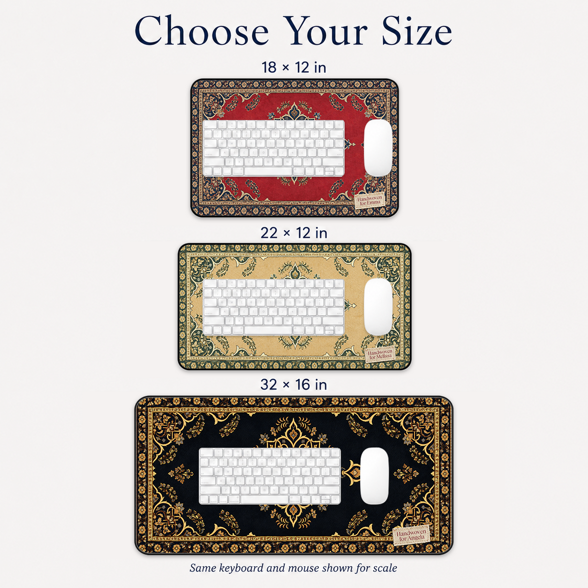 Size comparison for the Persian Carpet desk mat: the three sizes shown with the same keyboard and mouse for scale, with their dimensions in inches