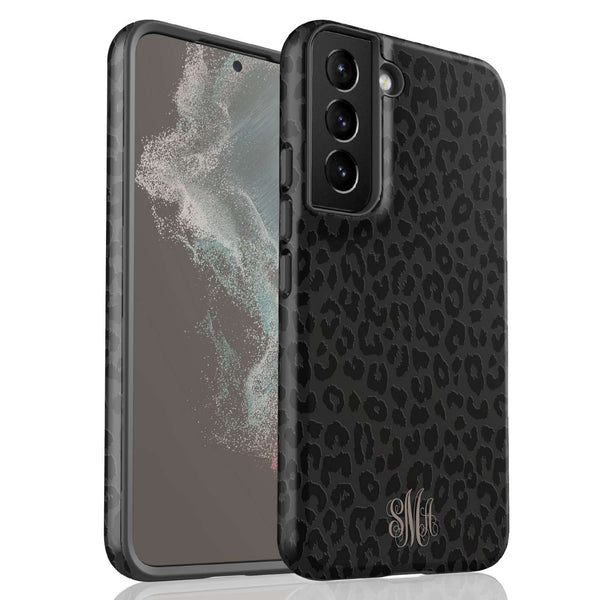 Dark Leopard Custom Curly Initials Galaxy Case - Centered