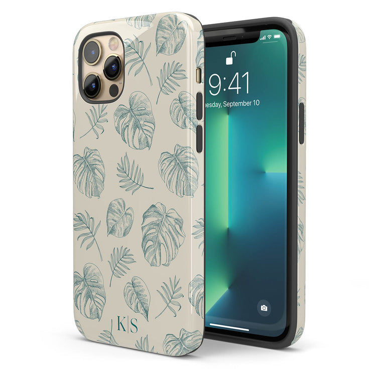 Custom Initials Tropical Monstera Leaves iPhone Case