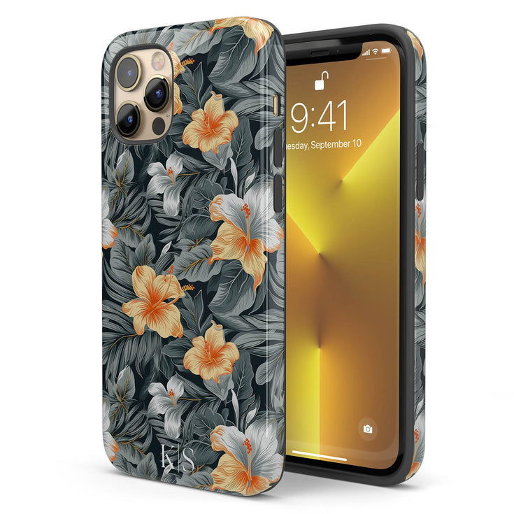 Custom Initials Tropical Hibiscus Flowers iPhone Case