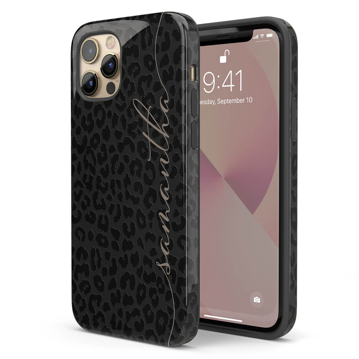 Leopard Custom Calligraphy Name iPhone Case - Vertical