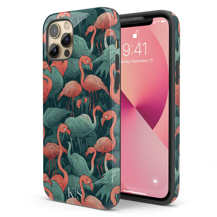 Custom Initials Tropical Pink Flamingos iPhone Case
