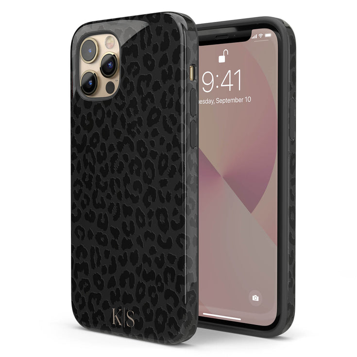 Black Leopard Custom Initials iPhone Case - Centered
