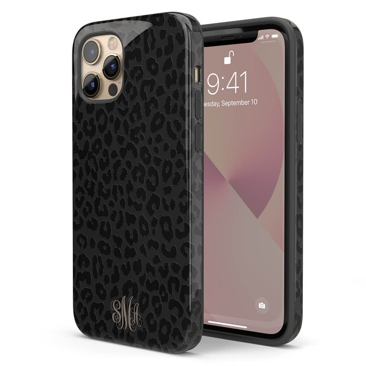 Dark Leopard Custom Curly Initials iPhone Case - Centered