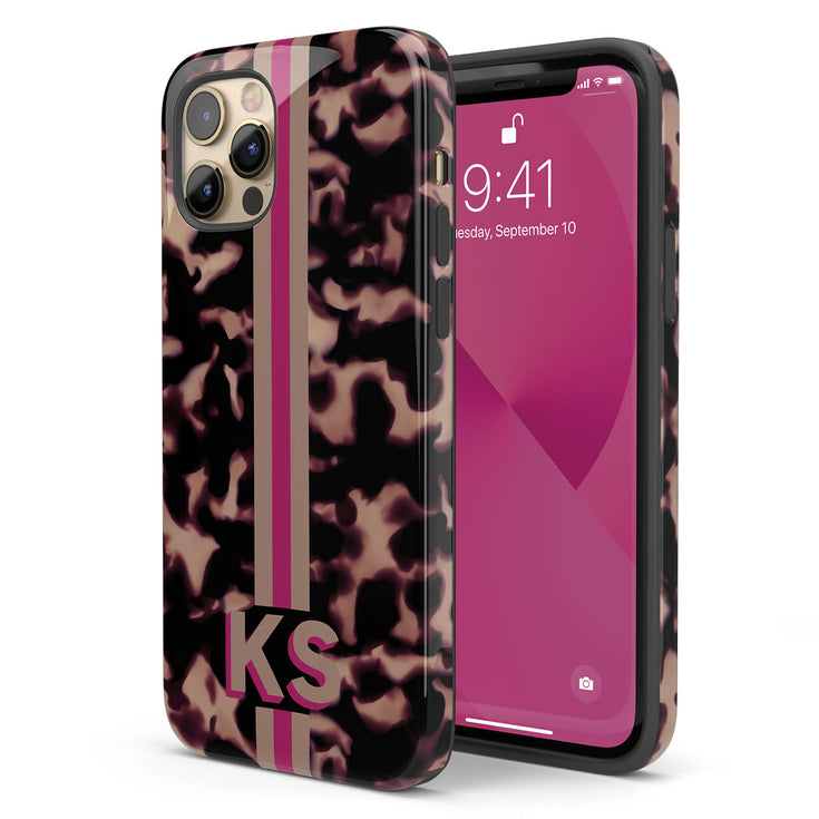 Dark Tortoiseshell 3D Striped Initials iPhone Case