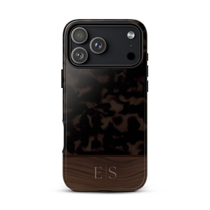 Custom Wood Initials Dark Tortoiseshell iPhone Case
