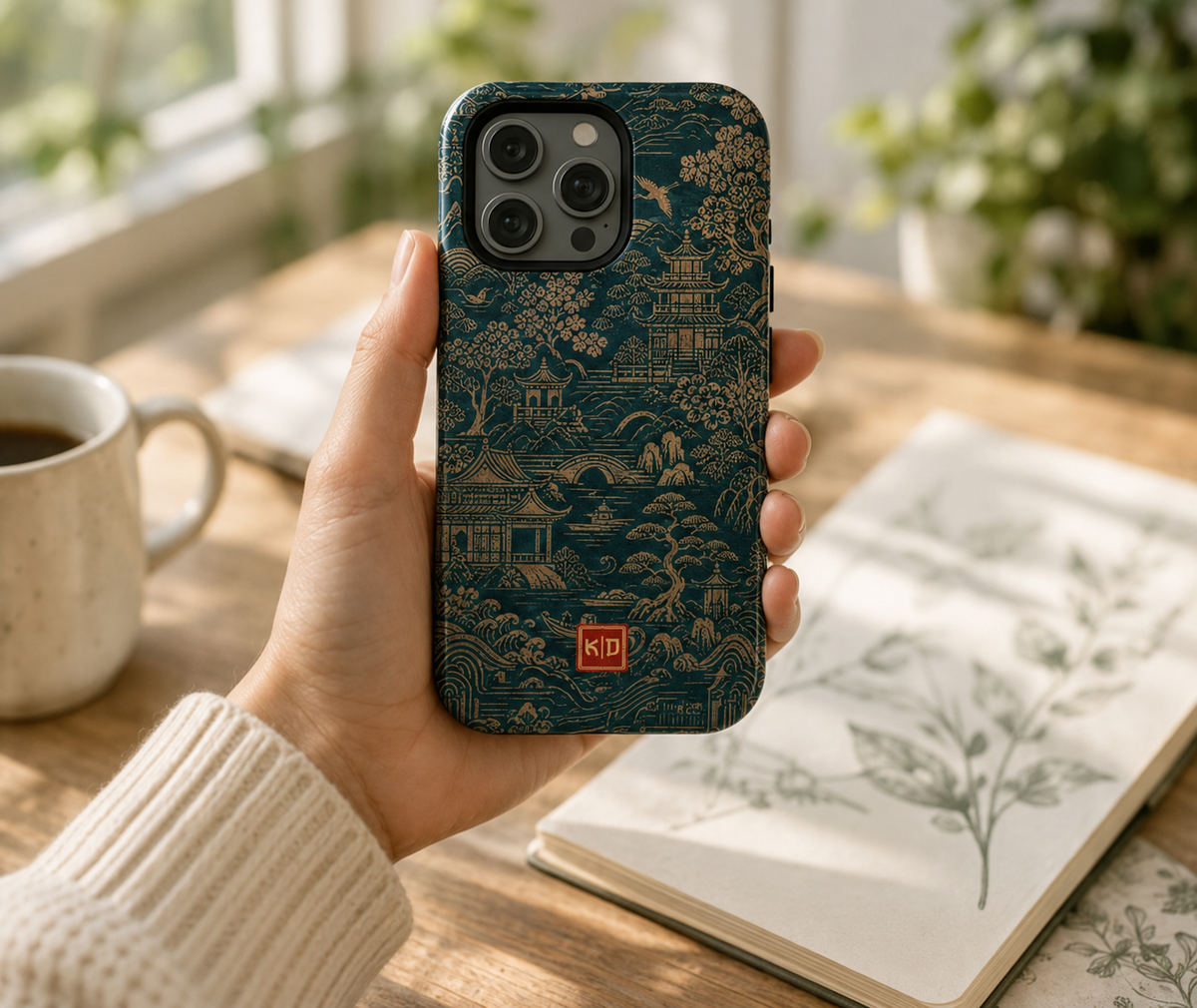 A hand holding a personalized Golden Pagoda phone case