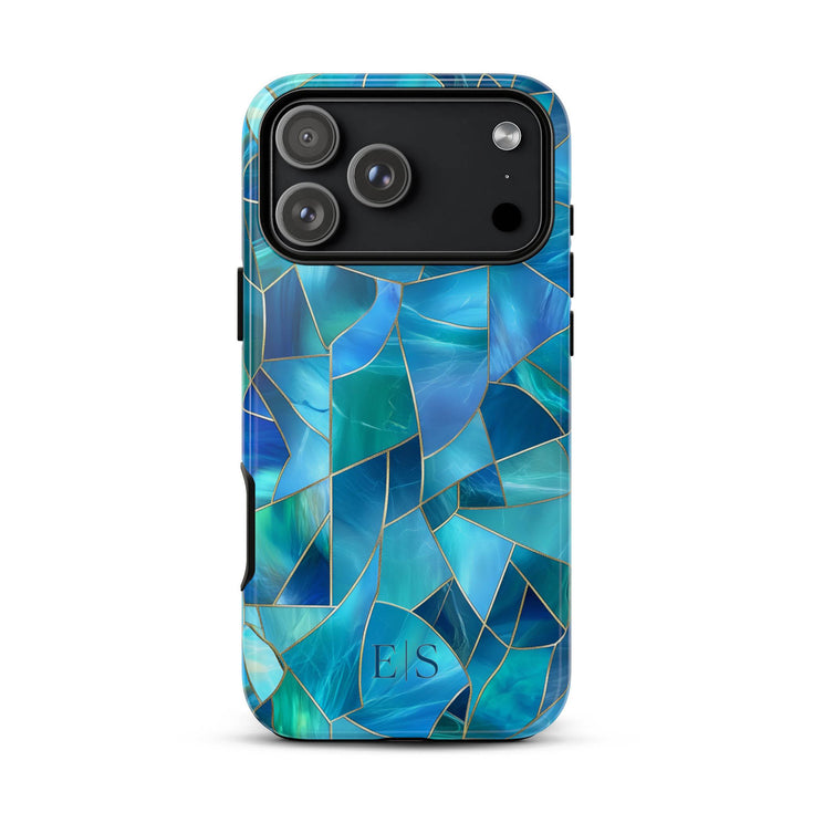 Custom Initials Blue Abstract Stained Glass iPhone Case