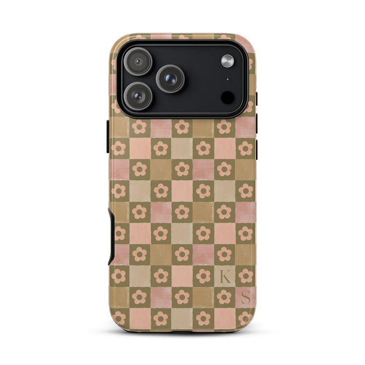 Custom Initials Floral Checkerboard iPhone Case