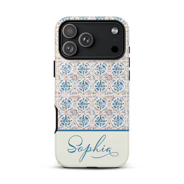 Custom Name Blue Mediterranean Tiles iPhone Case