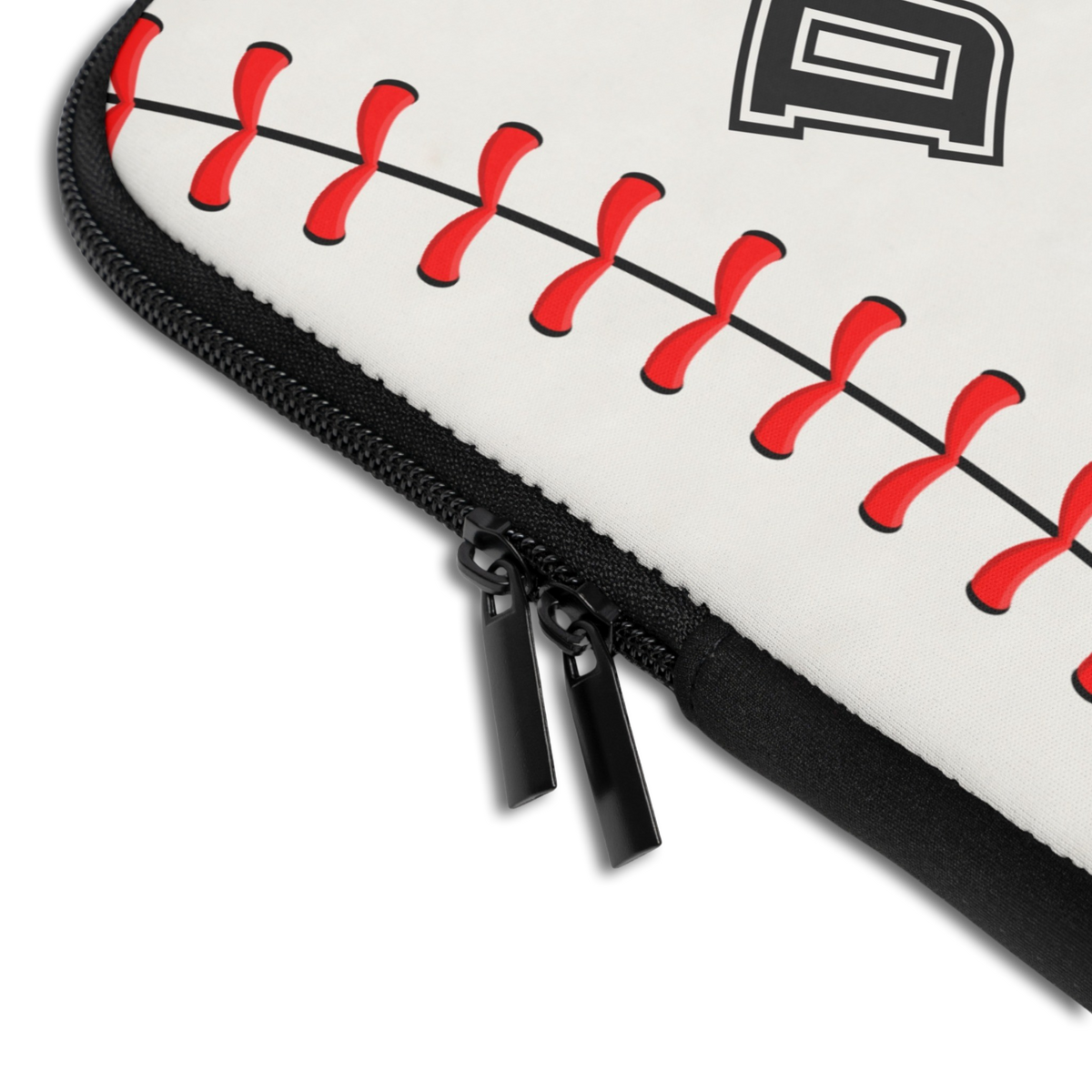 Close-up of the Personalized Baseball Laptop Sleeve sleeve corner showing the printed design, the padded edge and the dual zipper pulls