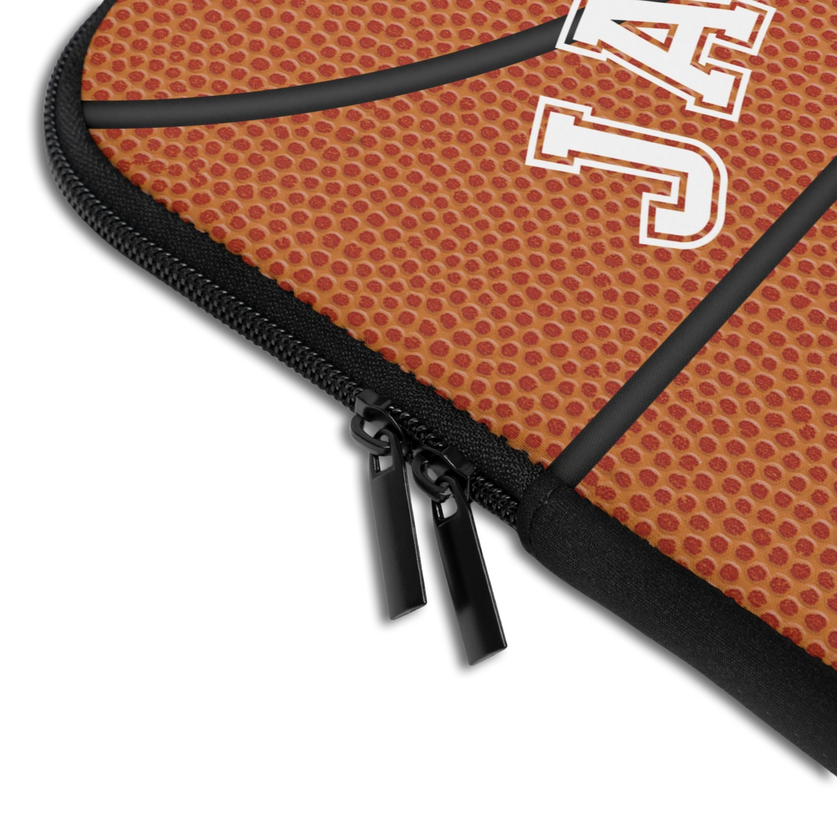 Close-up of the Personalized Basketball Laptop Sleeve sleeve corner showing the printed design, the padded edge and the dual zipper pulls