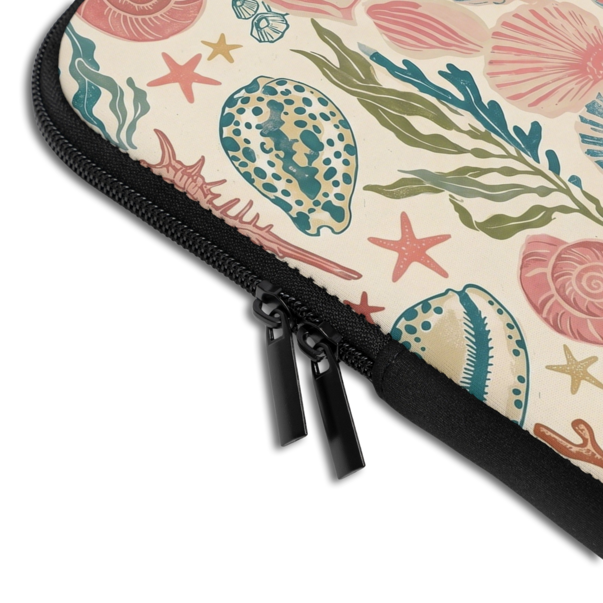 Close-up of the Personalized Beach Club Society Laptop Sleeve sleeve corner showing the printed design, the padded edge and the dual zipper pulls