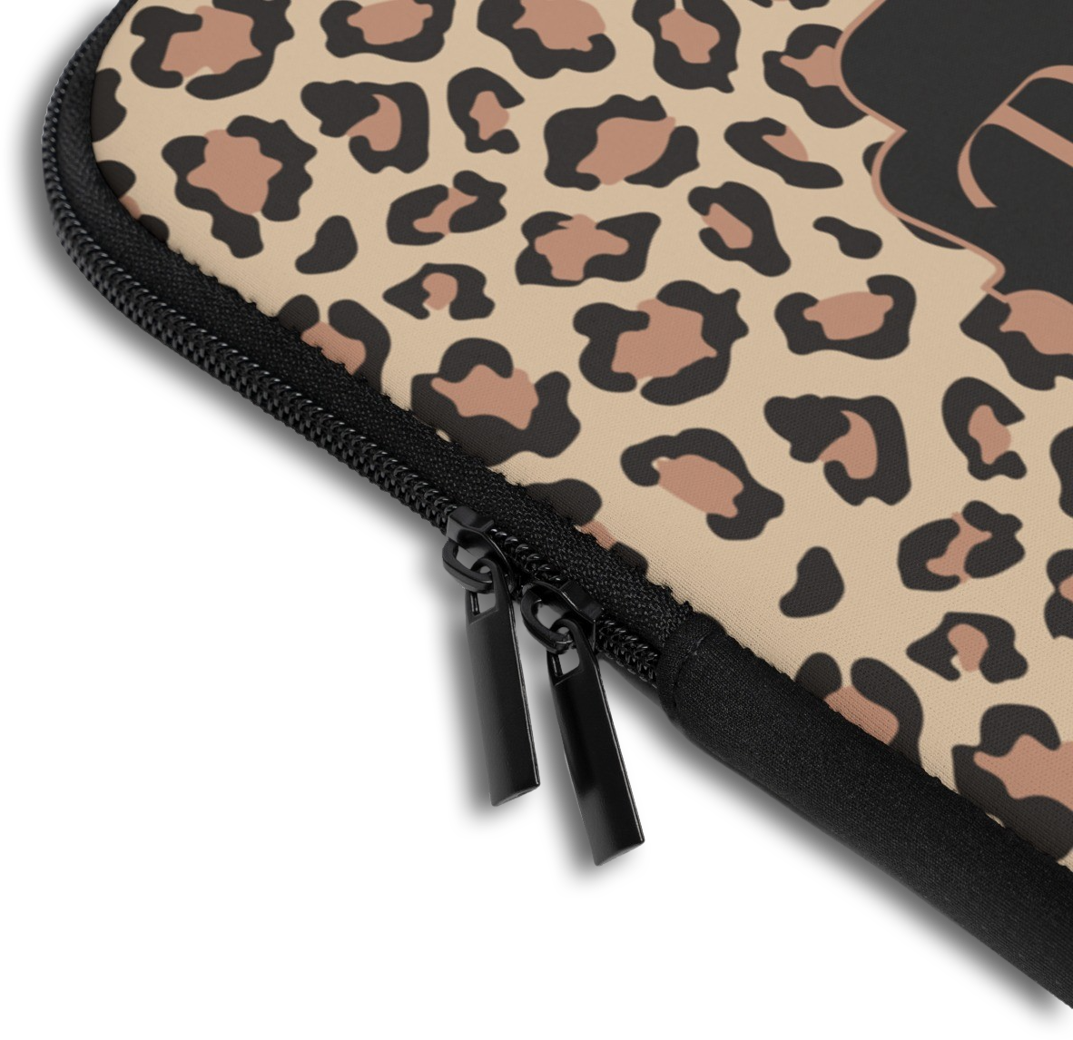 Close-up of the Beige Leopard & Roses Custom Name Laptop Sleeve sleeve corner showing the printed design, the padded edge and the dual zipper pulls