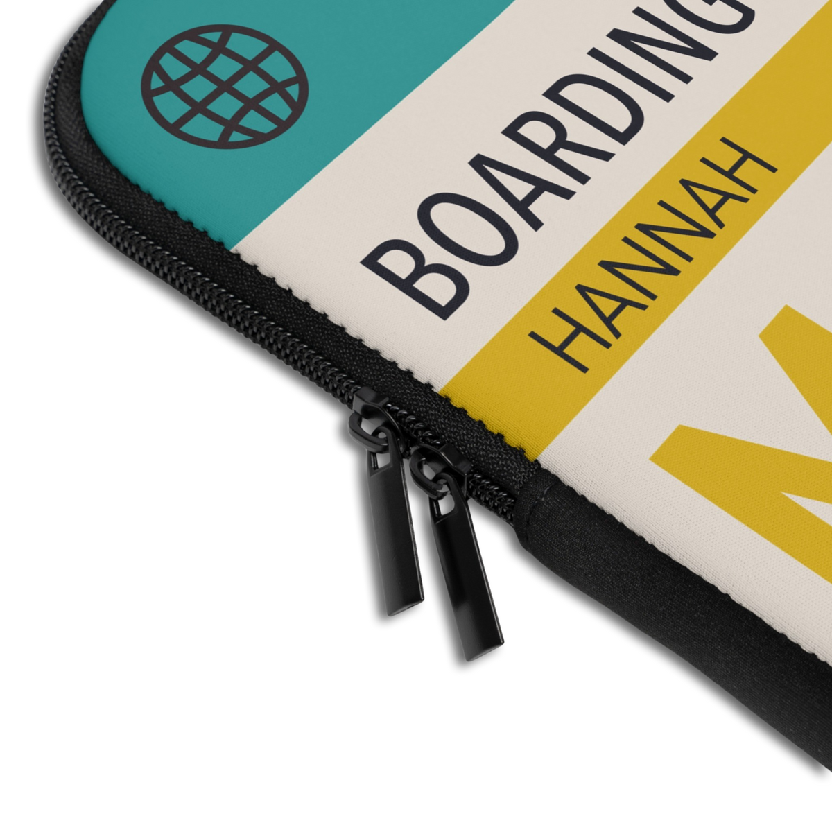 Close-up of the Personalized Boarding Pass Laptop Sleeve sleeve corner showing the printed design, the padded edge and the dual zipper pulls