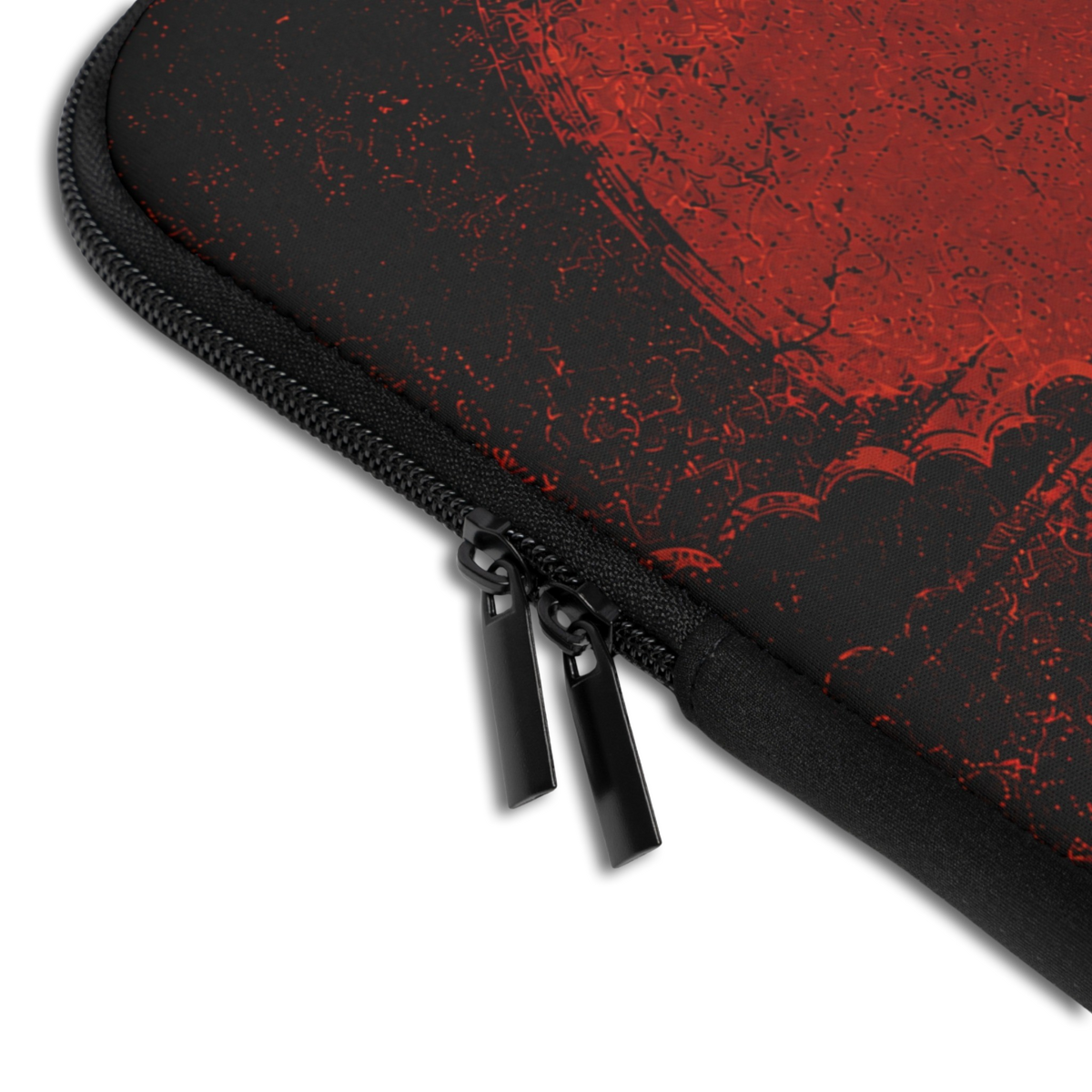 Close-up of the Personalized Capybara Ramen Laptop Sleeve sleeve corner showing the printed design, the padded edge and the dual zipper pulls