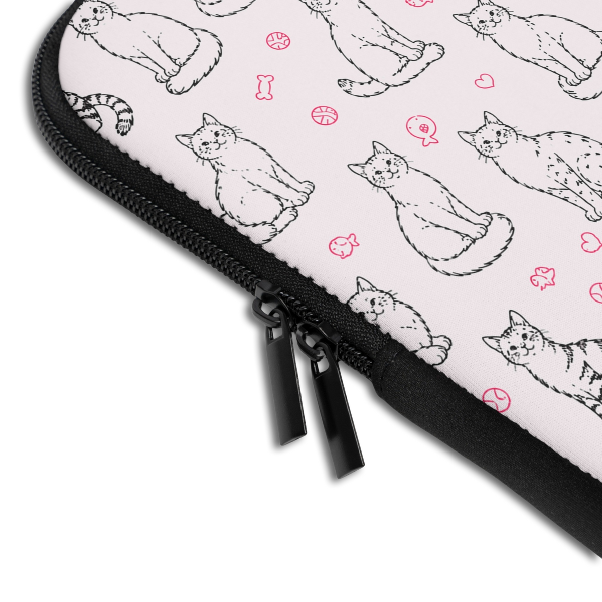 Close-up of the Personalized Cat Doodle Tag Laptop Sleeve sleeve corner showing the printed design, the padded edge and the dual zipper pulls