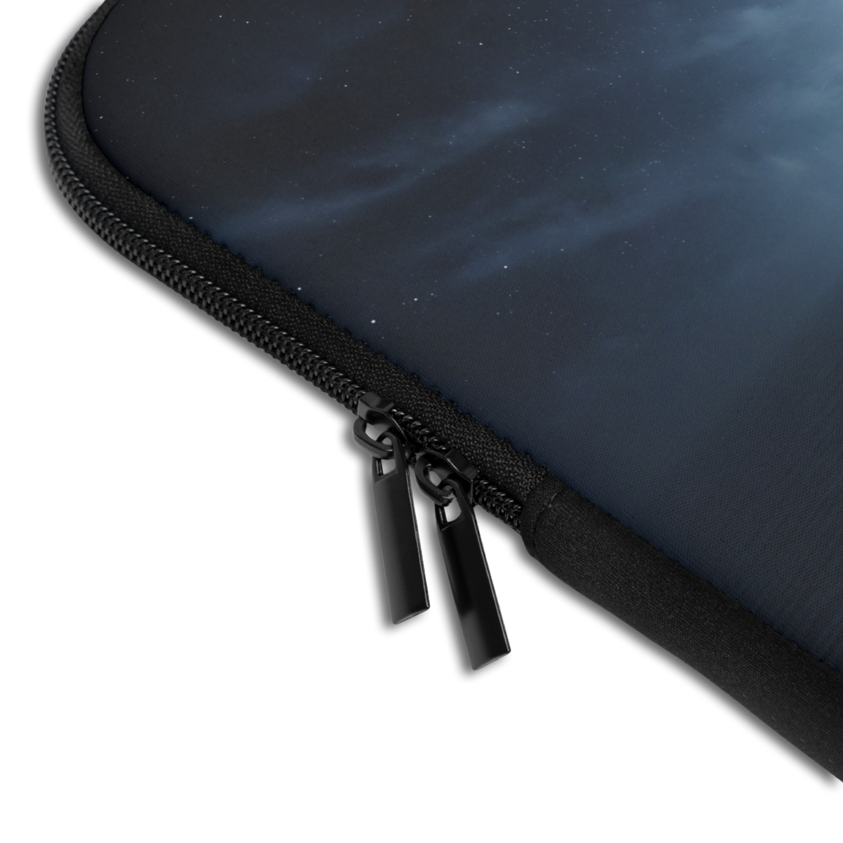 Close-up of the Personalized Celestial Yoga Laptop Sleeve sleeve corner showing the printed design, the padded edge and the dual zipper pulls