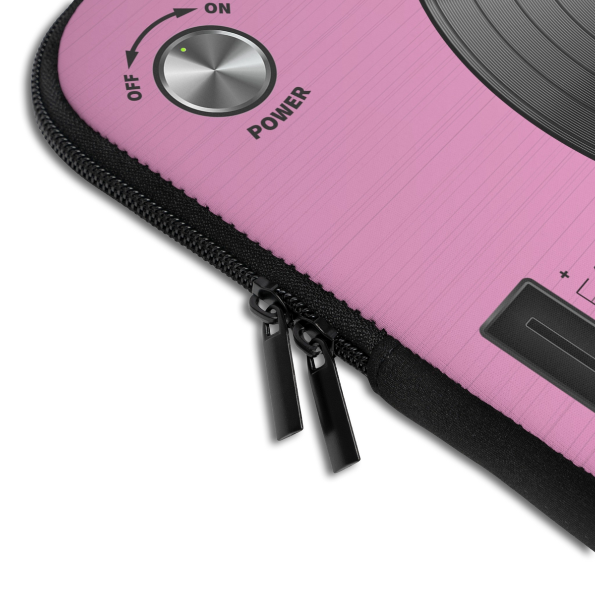 Close-up of the Personalized Classic Vinyl Record Player Laptop Sleeve sleeve corner showing the printed design, the padded edge and the dual zipper pulls