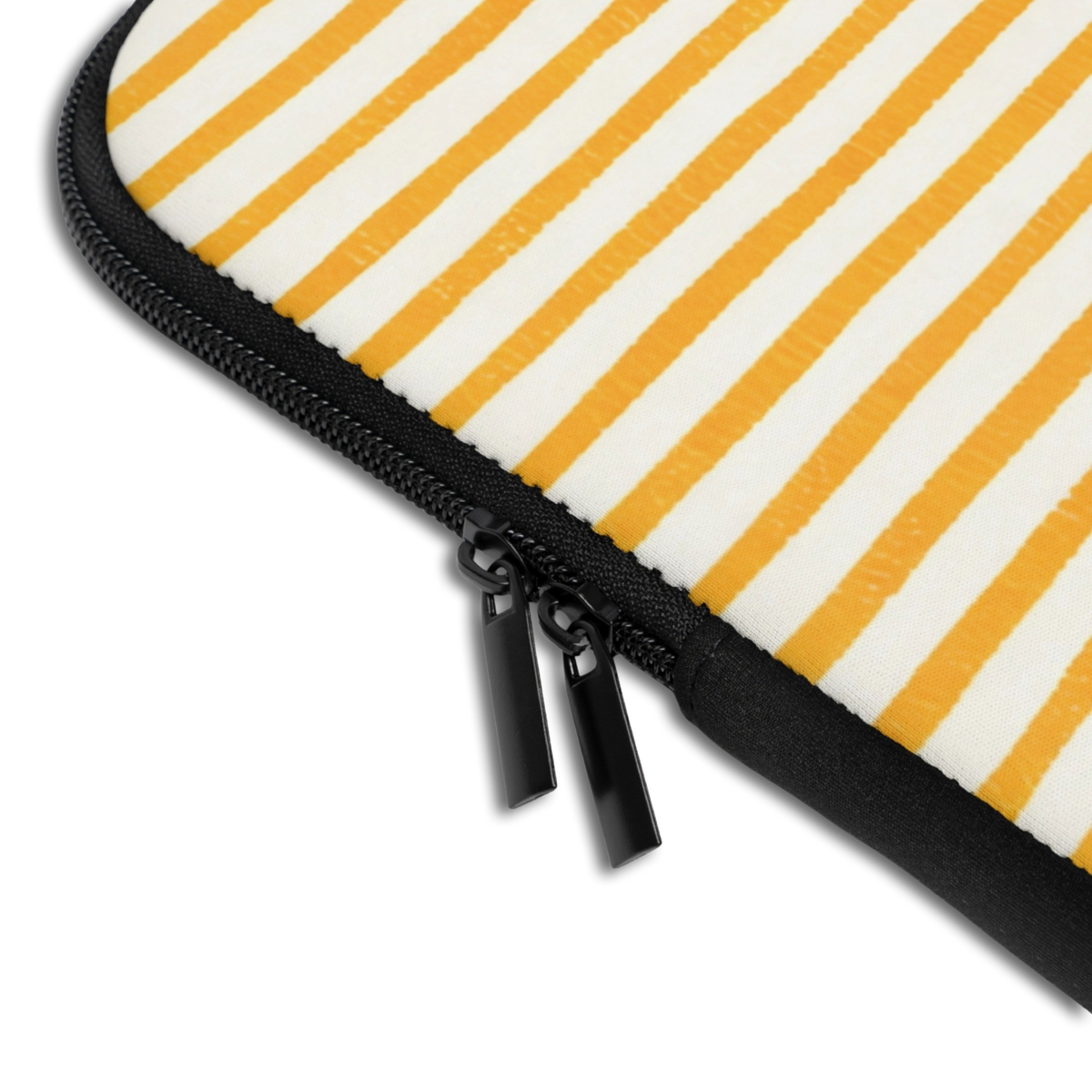Close-up of the Personalized Coastal Stripes Laptop Sleeve sleeve corner showing the printed design, the padded edge and the dual zipper pulls