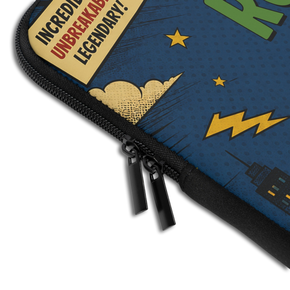 Close-up of the Personalized Comic Book Laptop Sleeve sleeve corner showing the printed design, the padded edge and the dual zipper pulls
