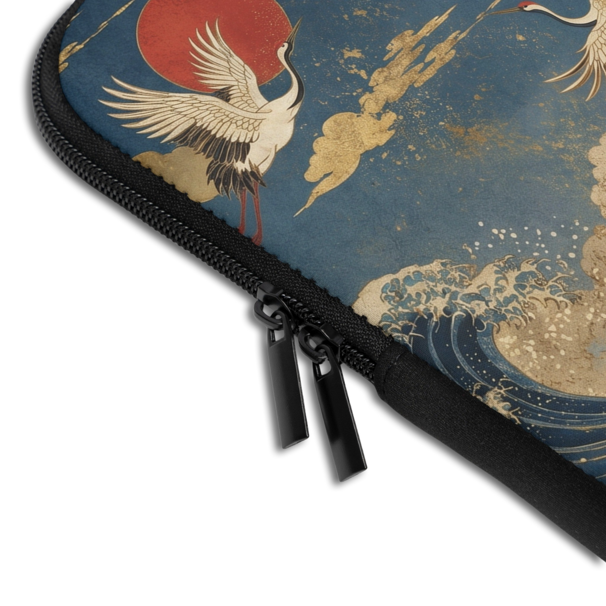 Close-up of the Personalized Cranes of Fuji Laptop Sleeve sleeve corner showing the printed design, the padded edge and the dual zipper pulls
