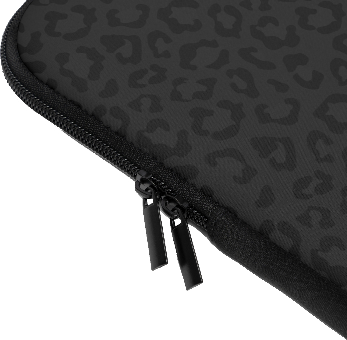 Close-up of the Dark Leopard Custom Name Laptop Sleeve sleeve corner showing the printed design, the padded edge and the dual zipper pulls
