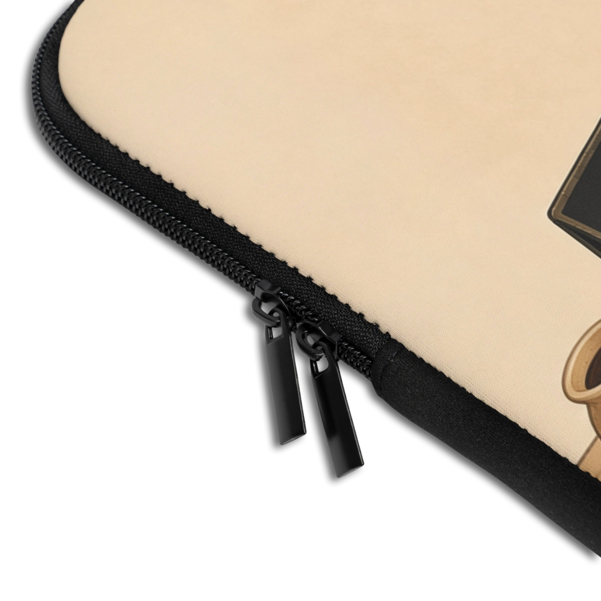 Close-up of the Personalized Do not Disturb Cat Laptop Sleeve sleeve corner showing the printed design, the padded edge and the dual zipper pulls