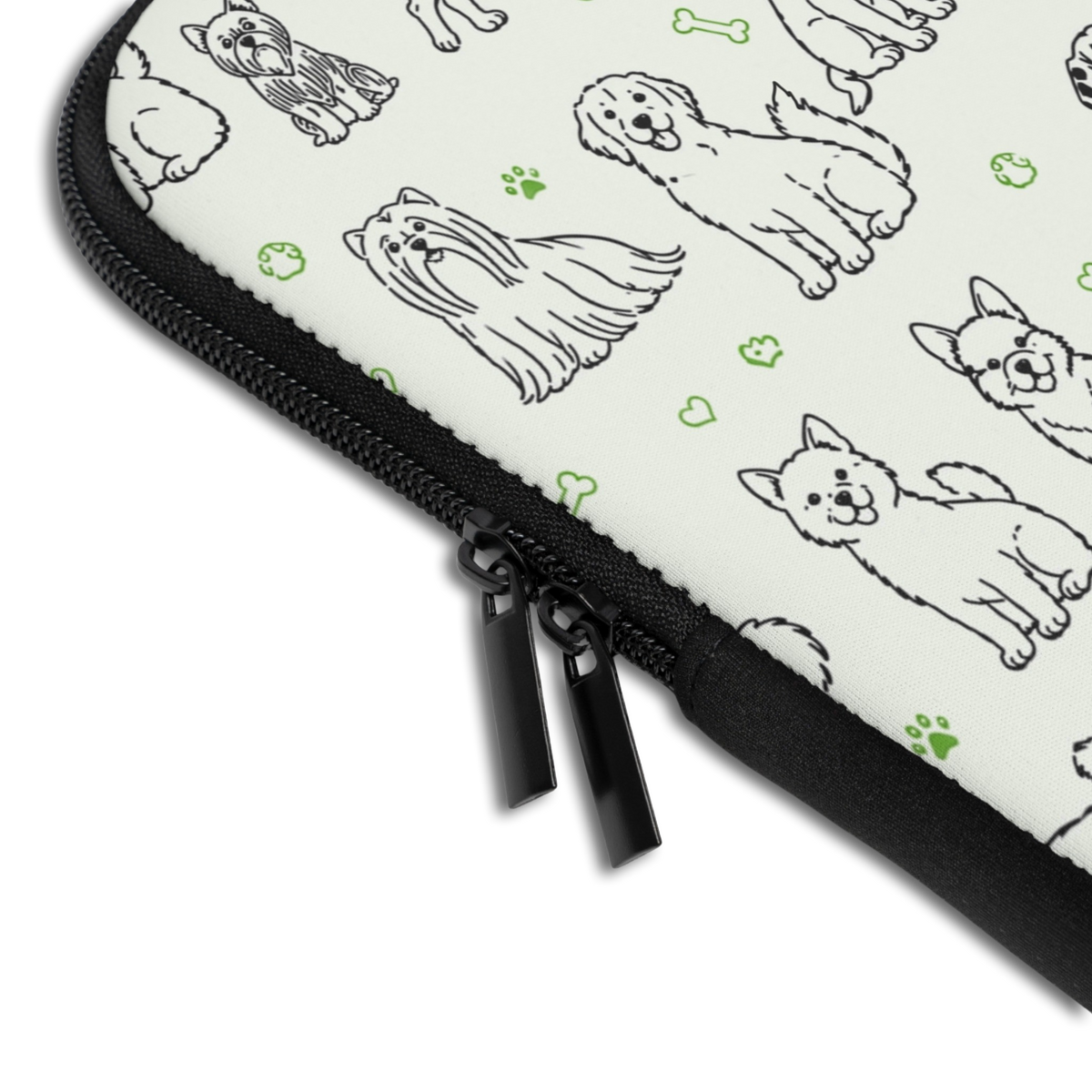 Close-up of the Personalized Dog Doodle Tag Laptop Sleeve sleeve corner showing the printed design, the padded edge and the dual zipper pulls