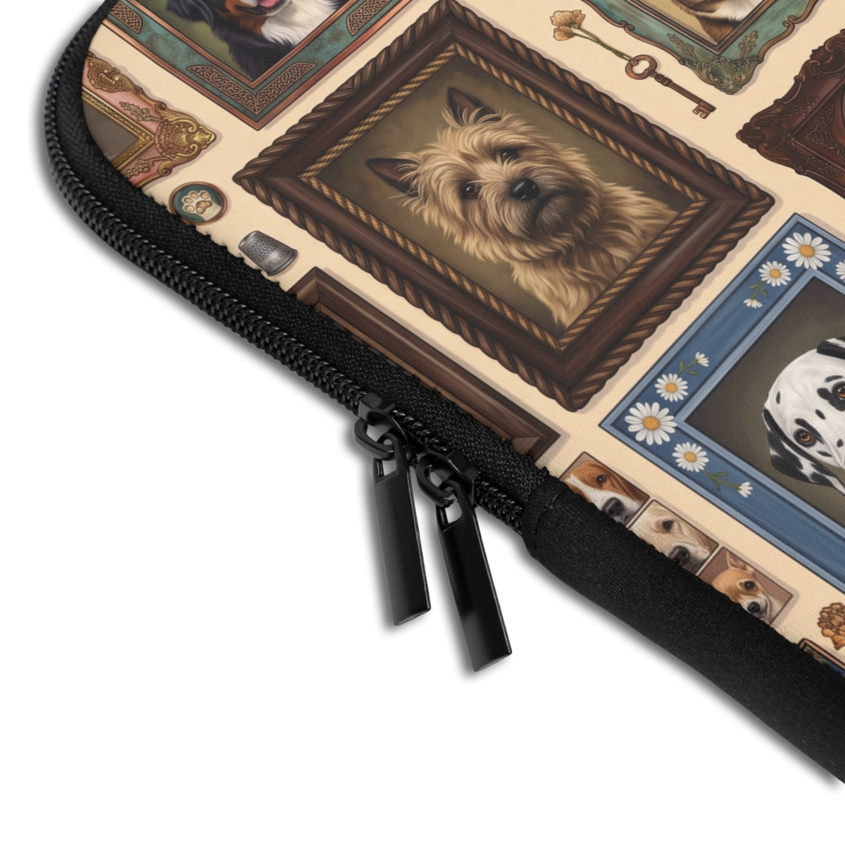 Close-up of the Personalized Dog Gallery Laptop Sleeve sleeve corner showing the printed design, the padded edge and the dual zipper pulls