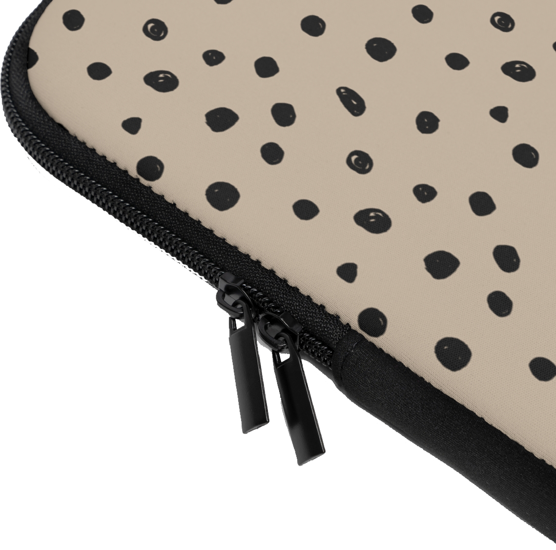 Close-up of the Spotted Dots Custom Calligraphy Name Laptop Sleeve sleeve corner showing the printed design, the padded edge and the dual zipper pulls
