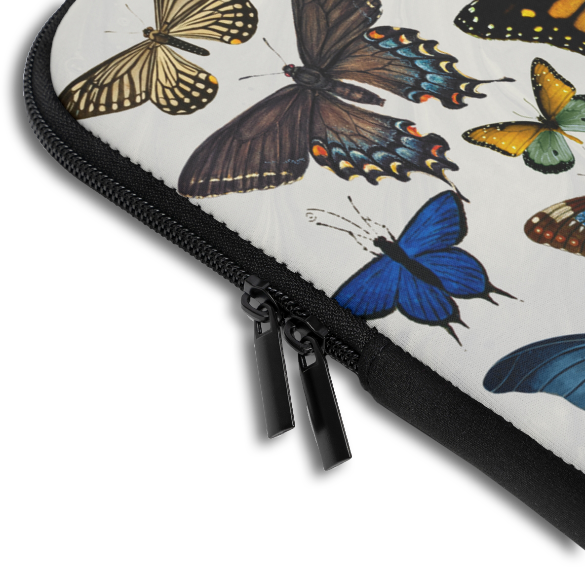 Close-up of the Exotic Butterflies Custom Name Laptop Sleeve sleeve corner showing the printed design, the padded edge and the dual zipper pulls