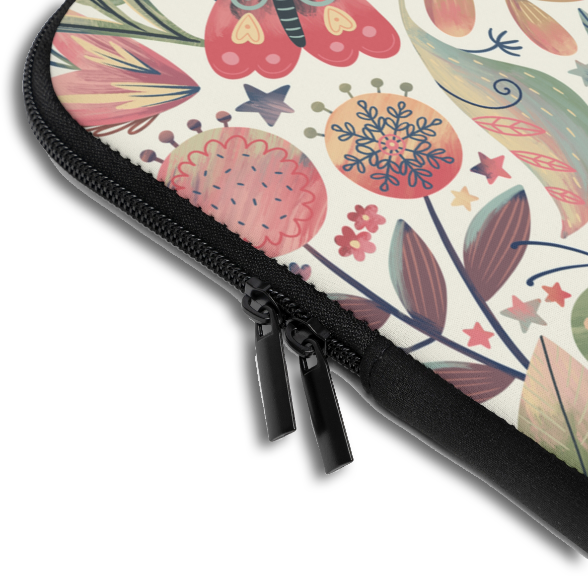 Close-up of the Floral Butterflies Custom Name Laptop Sleeve sleeve corner showing the printed design, the padded edge and the dual zipper pulls