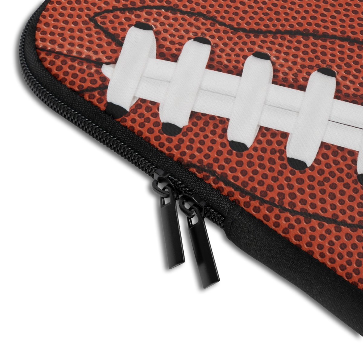Close-up of the Personalized Football Laptop Sleeve sleeve corner showing the printed design, the padded edge and the dual zipper pulls