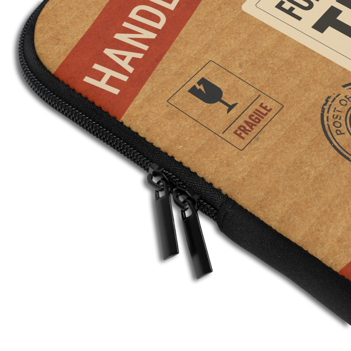 Close-up of the Personalized Fragile Handle With Care Laptop Sleeve sleeve corner showing the printed design, the padded edge and the dual zipper pulls