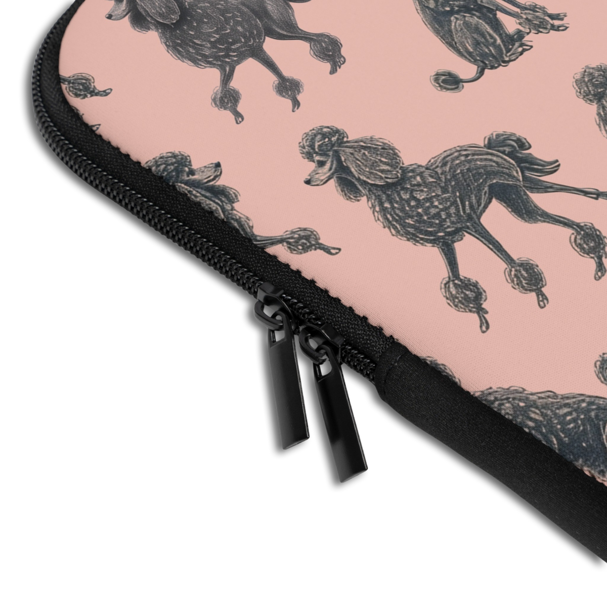Close-up of the Personalized French Poodles Laptop Sleeve sleeve corner showing the printed design, the padded edge and the dual zipper pulls