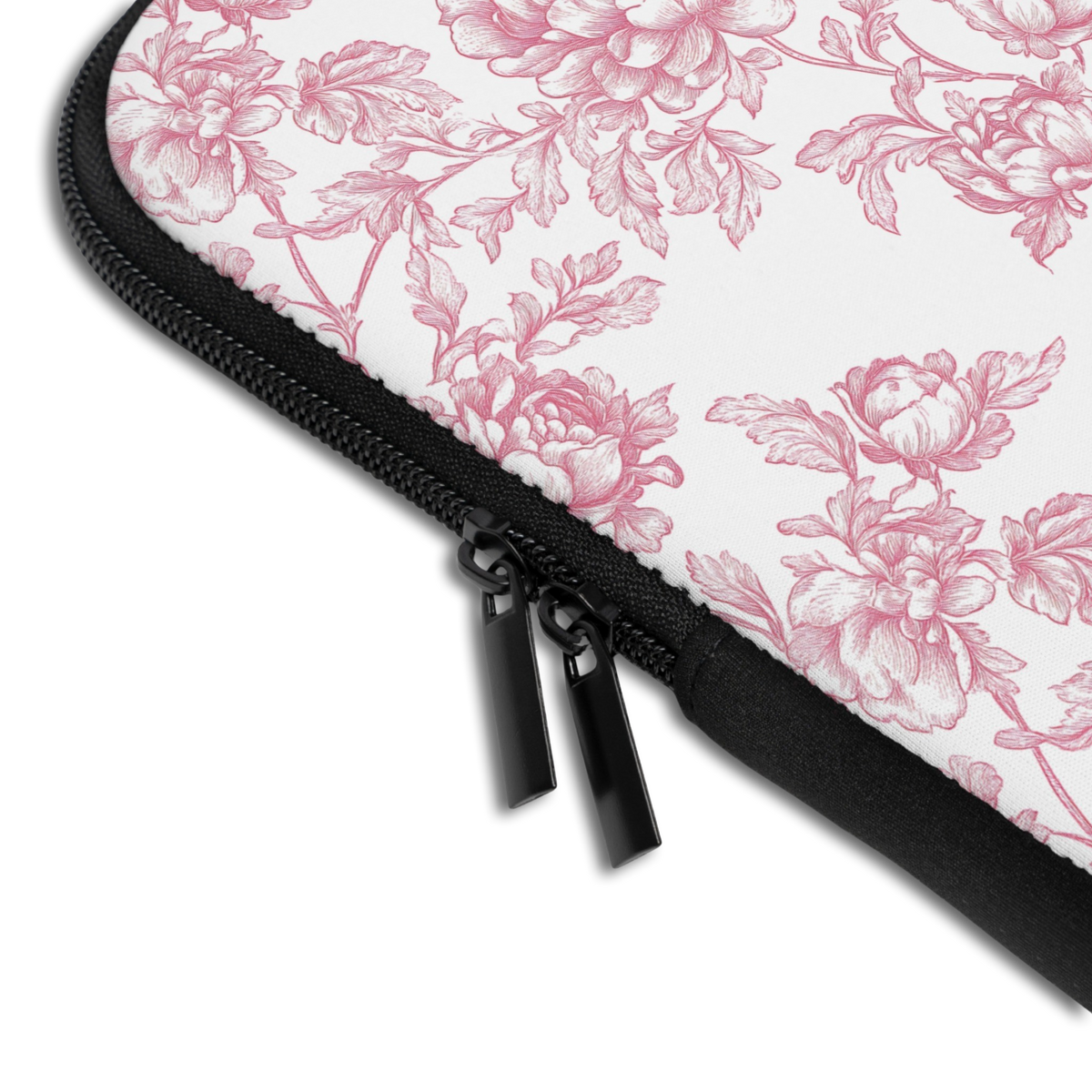 Close-up of the Personalized French Toile De Jouy Laptop Sleeve sleeve corner showing the printed design, the padded edge and the dual zipper pulls