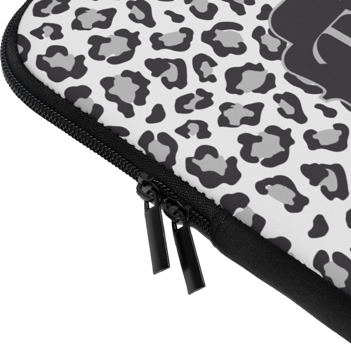 Close-up of the Grey Leopard & Roses Custom Name Laptop Sleeve sleeve corner showing the printed design, the padded edge and the dual zipper pulls
