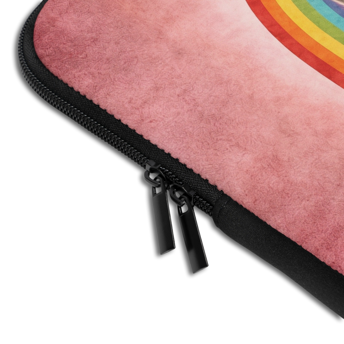 Close-up of the Personalized Groovy Raccoon Laptop Sleeve sleeve corner showing the printed design, the padded edge and the dual zipper pulls