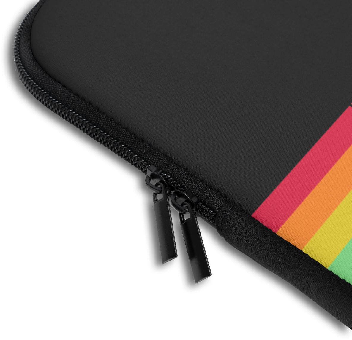 Close-up of the LGBTQ Custom Pride Rainbow Name Laptop Sleeve sleeve corner showing the printed design, the padded edge and the dual zipper pulls