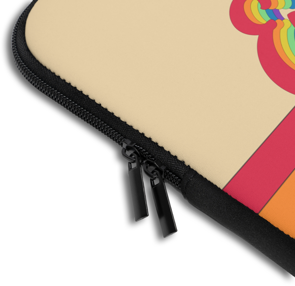 Close-up of the LGBTQ Retro Custom Rainbow Name Laptop Sleeve sleeve corner showing the printed design, the padded edge and the dual zipper pulls