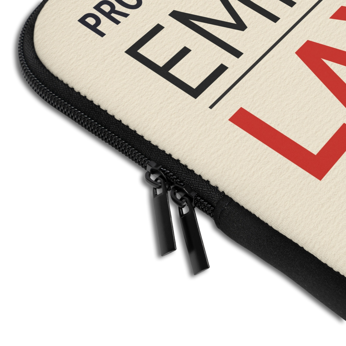 Close-up of the Personalized Luggage Tag Laptop Sleeve sleeve corner showing the printed design, the padded edge and the dual zipper pulls