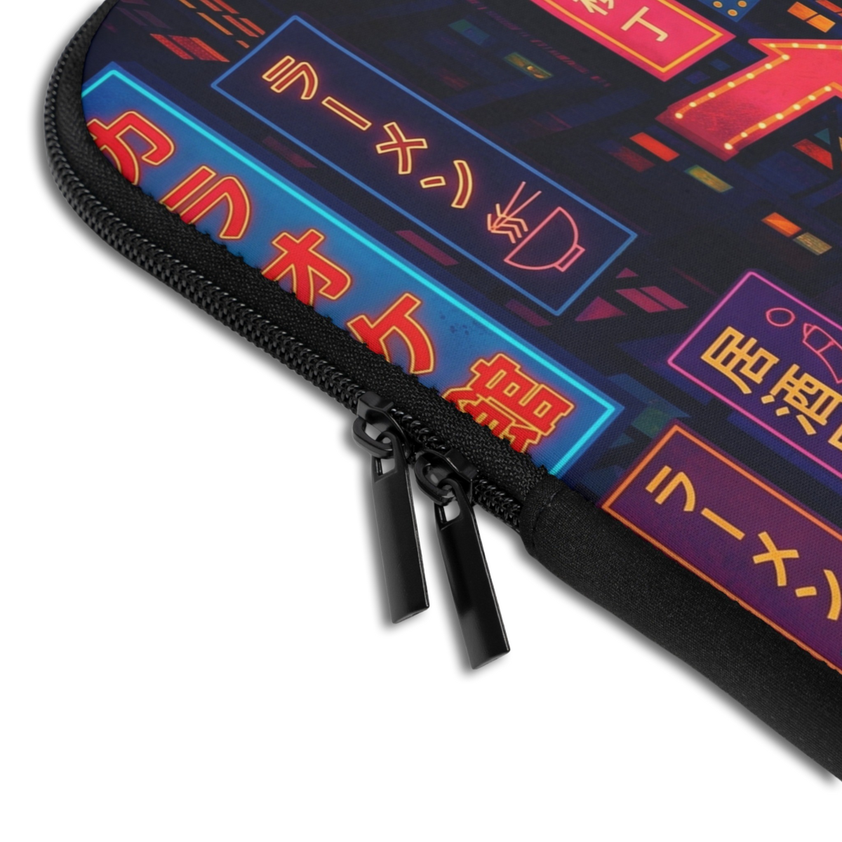 Close-up of the Personalized Midnight Tokyo Laptop Sleeve sleeve corner showing the printed design, the padded edge and the dual zipper pulls