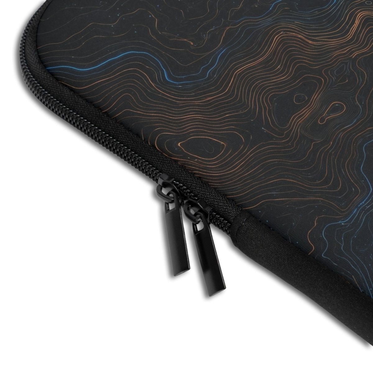 Close-up of the Personalized Midnight Topography Laptop Sleeve sleeve corner showing the printed design, the padded edge and the dual zipper pulls