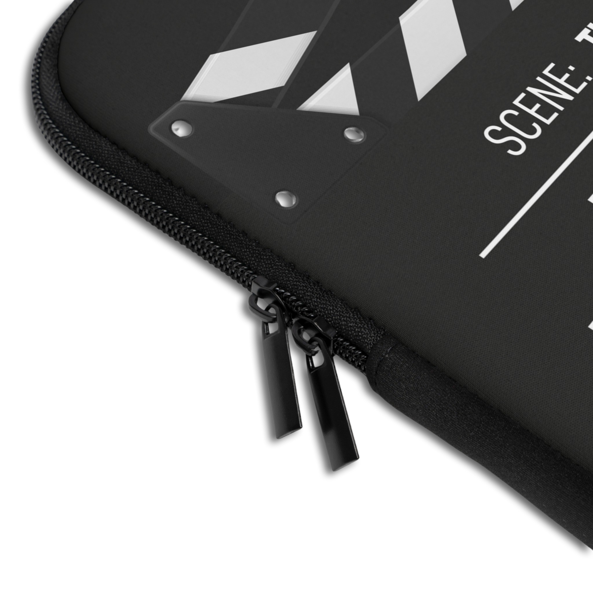 Close-up of the Personalized Movie Director Clapperboard Laptop Sleeve sleeve corner showing the printed design, the padded edge and the dual zipper pulls