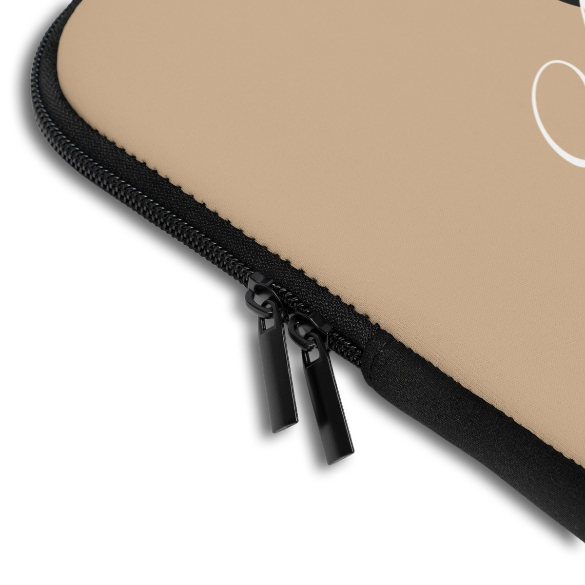 Close-up of the Monogram Name Laptop Sleeve sleeve corner showing the printed design, the padded edge and the dual zipper pulls