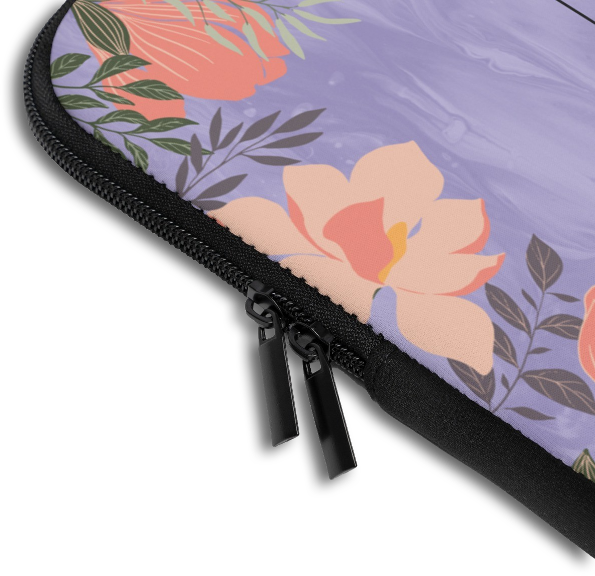 Close-up of the Floral Purple Monogram Custom Name Laptop Sleeve sleeve corner showing the printed design, the padded edge and the dual zipper pulls